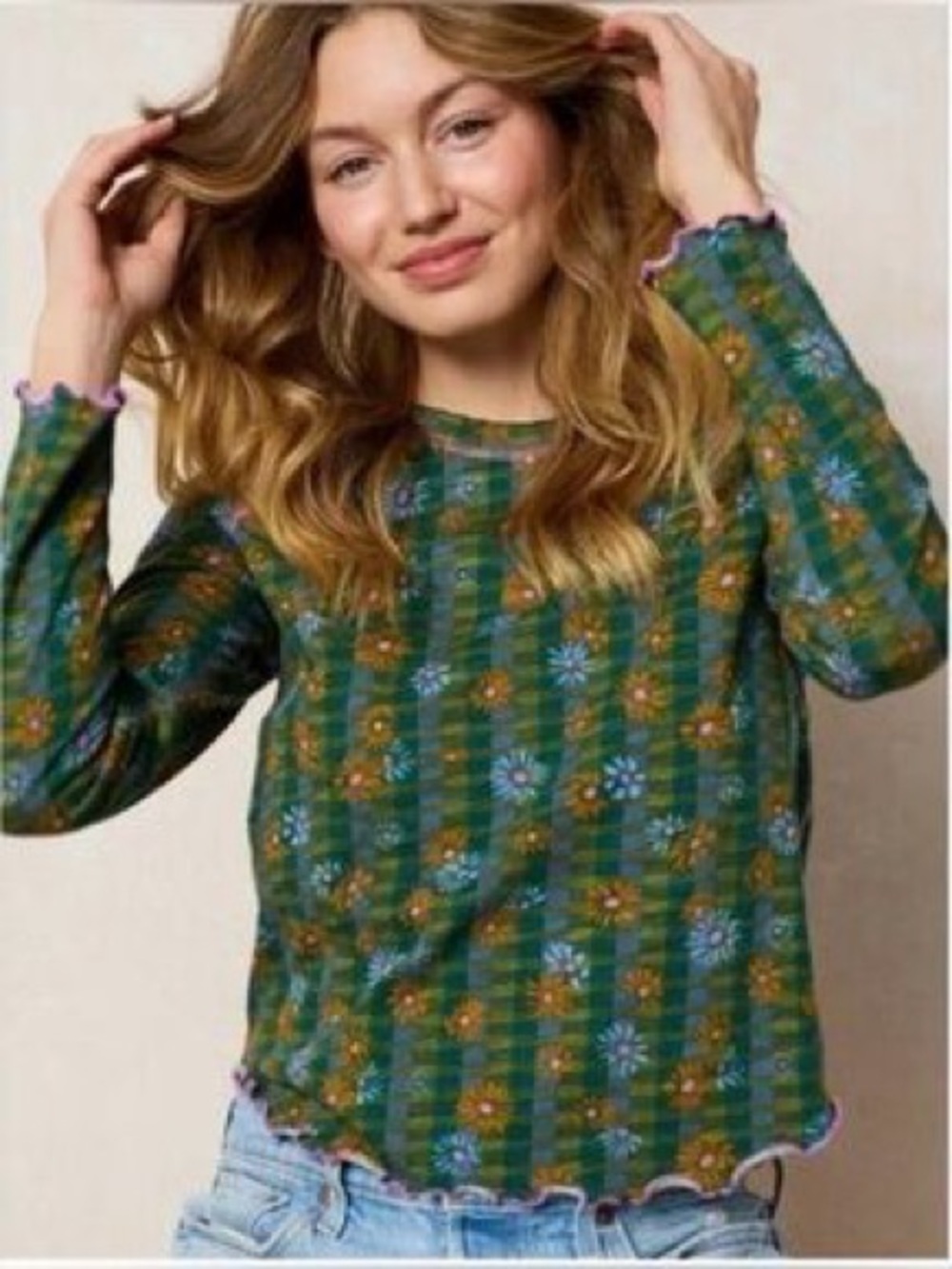 Natural Life Lily Cotton Long Sleeve Tee Shirt Plaid Floral Green Large NEW NWT